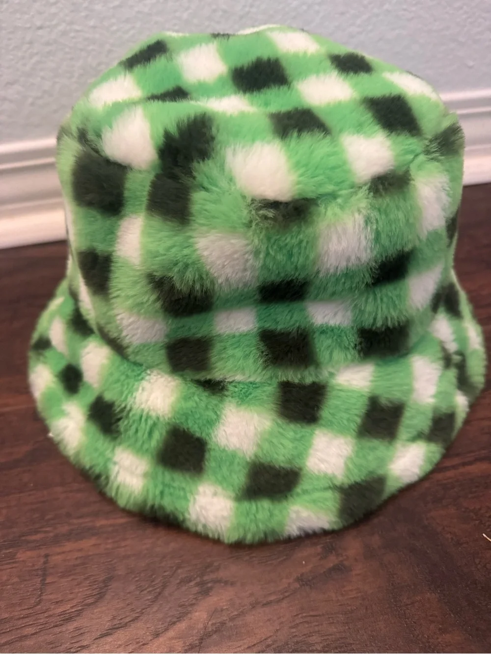 Green Check Plush Bucket Hat for Kids